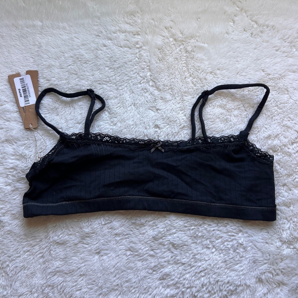 Skims Lightweight Cotton Pointelle Scoop Bralette Soot Black Lace Trim Large New